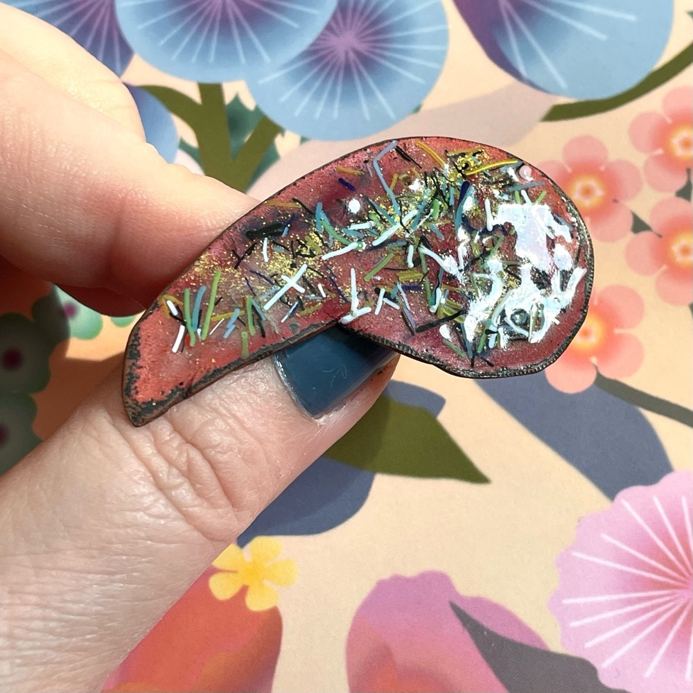 vintage enamel on copper quotation mark shaped brooch pink confetti - Picture 8 of 9